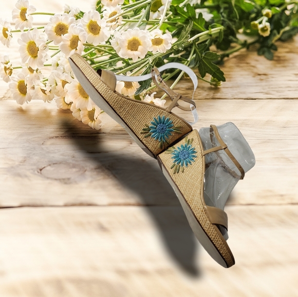 Spring Ann Taylor Wedge Strappy Floral Leather Straw Ankle Travel Summer Sand - Picture 2 of 13